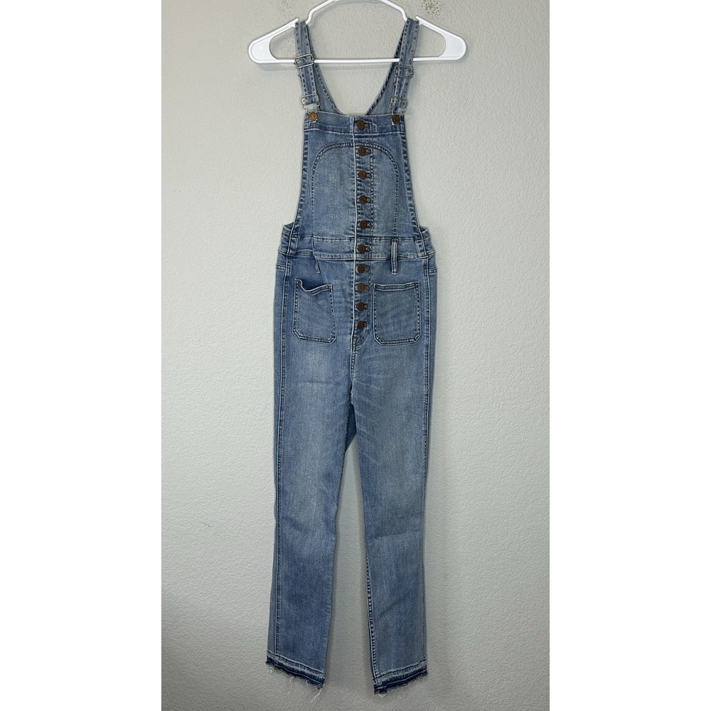 Madewell Button Front Cropped Blue Jean Denim Overalls Women's Size S Raw Hem